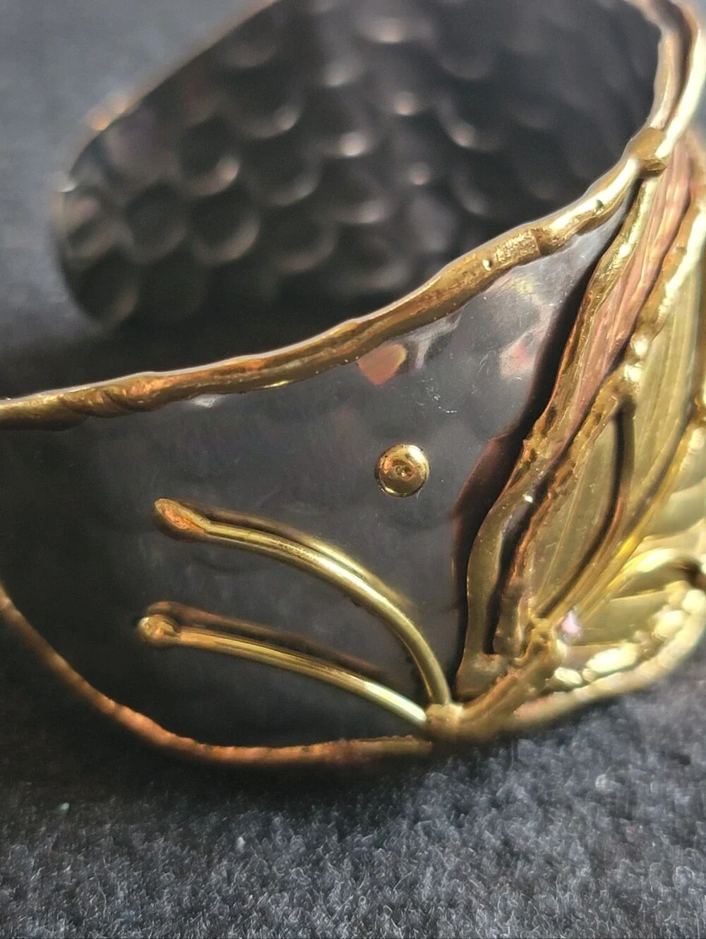 Artisan Leaf Motif Mixed Metal Cuff Bracelet - Gold Silver & Copper Tones - Adj